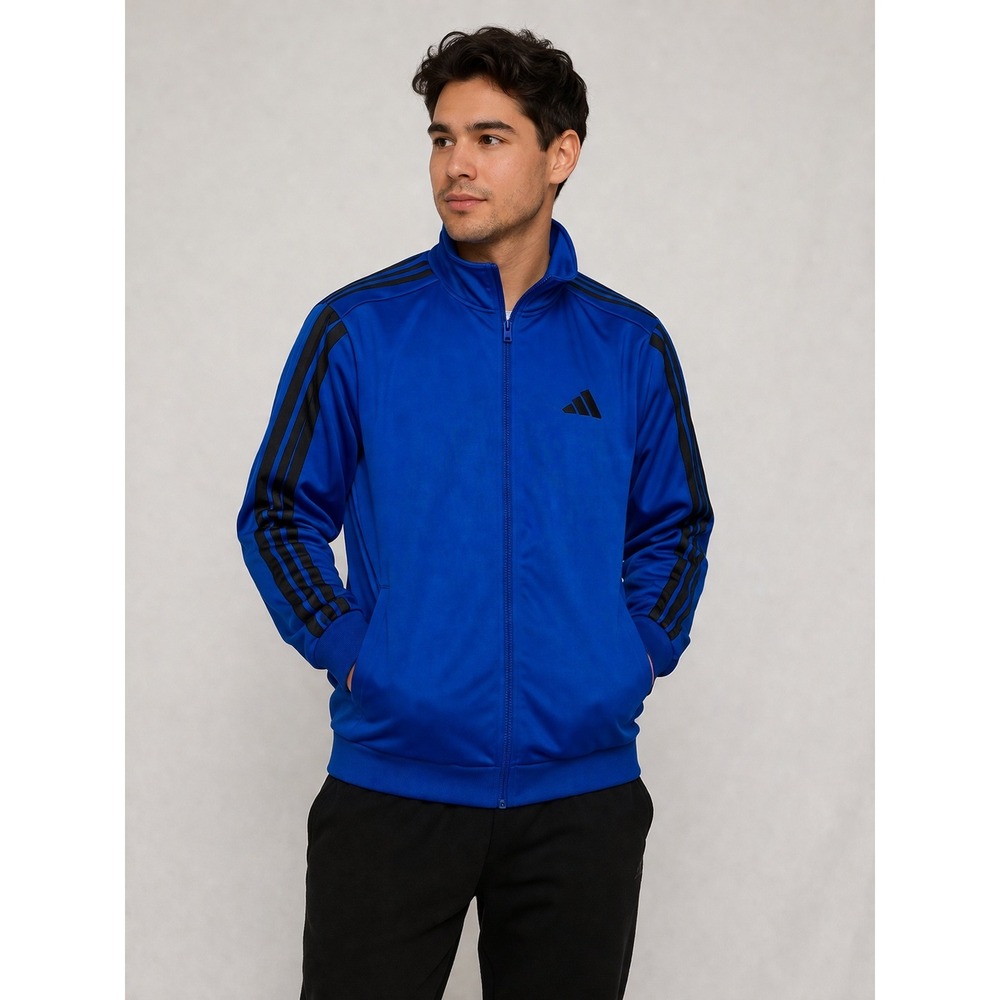 Adidas Mens Essentials Track Jacket Blue Black 3-Stripe Full Zip Size Medium